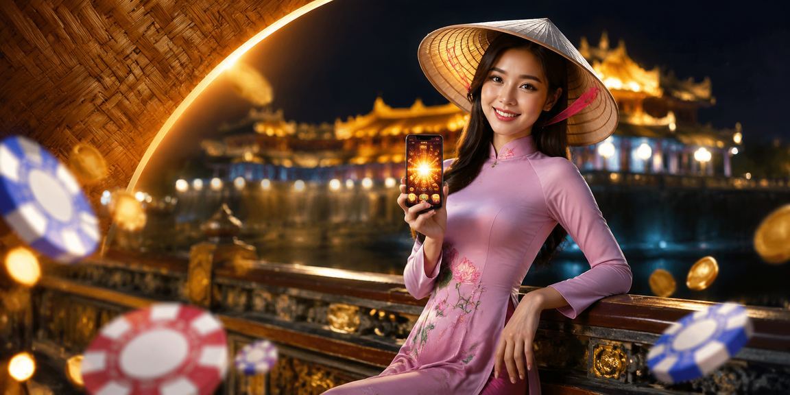 Người chơi dùng điện thoại trải nghiệm casino tại Huế với nón lá truyền thống